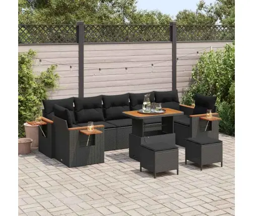 10 Gabalu Dārza Dīvānu Komplekts Ar Spilveniem Melns Poliratonu Akāciju Vidaxl