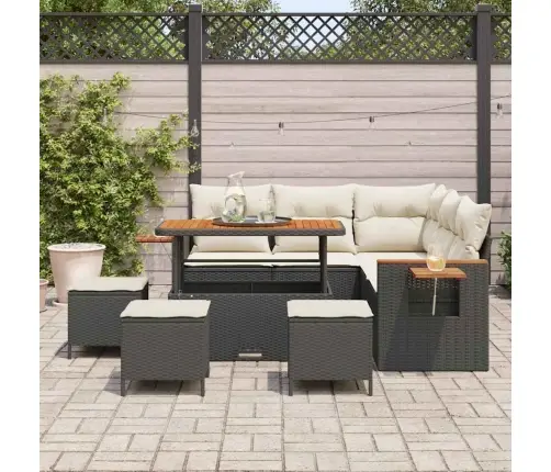 9 Gabalu Dārza Dīvānu Komplekts Ar Spilveniem Melns Polirattans Akācija Vidaxl