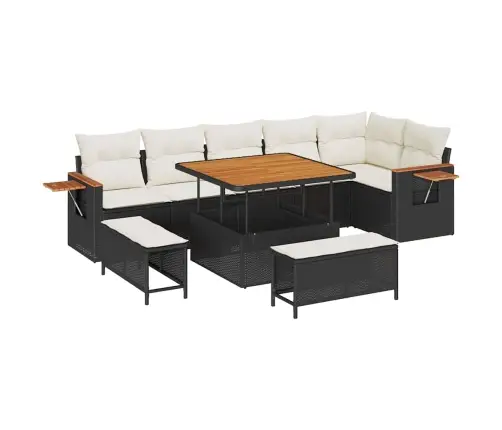 9 Daļu Dārza Dīvānu Komplekts Ar Spilveniem Melns Poliratanis Akācija Vidaxl