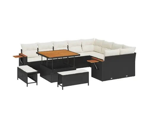 12 Daļu Dārza Dīvānu Komplekts Ar Spilveniem - Melnais Poli Ratan Akācija Vidaxl