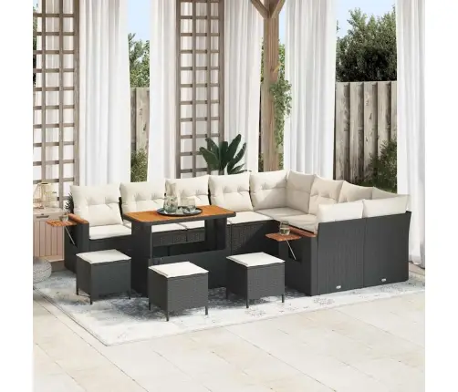 13 Gabalu Dārza Dīvānu Komplekts Ar Spilveniem Melnā Krāsā, Poliestera Rotangpalmas Un Akācijas Vidaxl