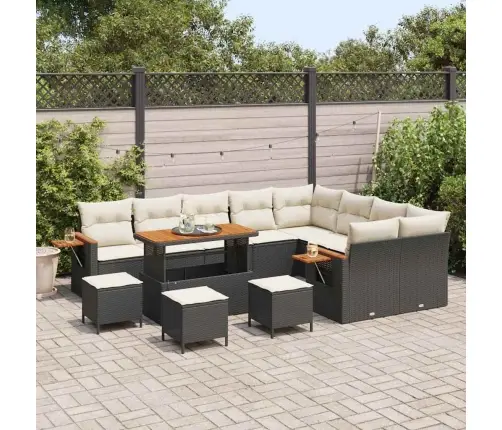 13 Gabalu Dārza Dīvānu Komplekts Ar Spilveniem Melnā Krāsā, Poliestera Rotangpalmas Un Akācijas Vidaxl