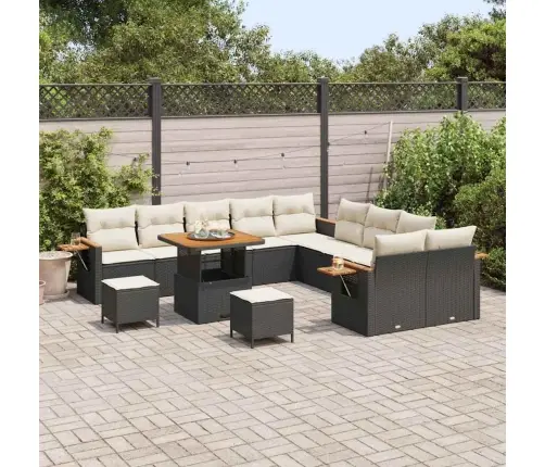 13 Daļu Dārza Dīvānu Komplekts Ar Spilveniem Melnā Poliratanā Un Akācijā Vidaxl