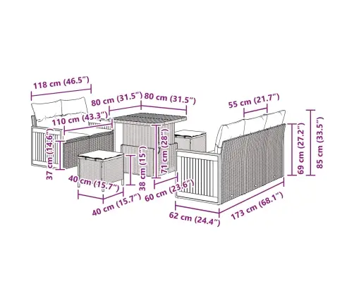 8 Gabalu Dārza Dīvānu Komplekts Ar Spilveniem Melnā Poli Rotangpalmas Un Akācijas Vidaxl
