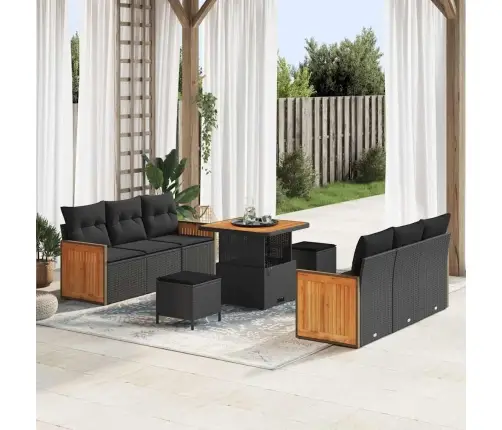 9 Daļīgs Dārza Dīvānu Komplekts Ar Spilveniem Melnā Poli Rotangpalma Akācija Vidaxl