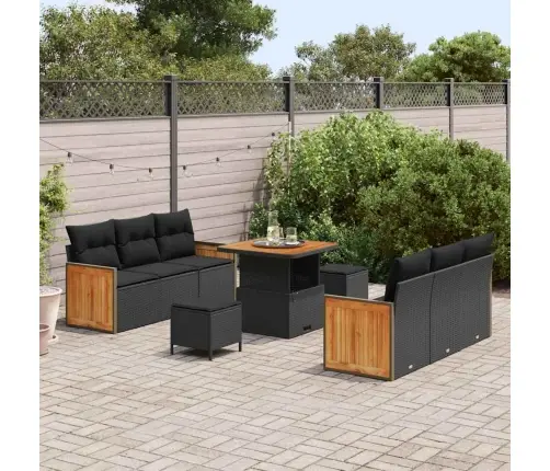 9 Daļīgs Dārza Dīvānu Komplekts Ar Spilveniem Melnā Poli Rotangpalma Akācija Vidaxl