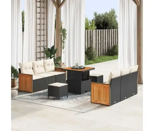 9 Gabalu Dārza Dīvānu Komplekts Ar Spilveniem Melnā Polietilēna Rotangpalmas Un Akācijas Vidaxl