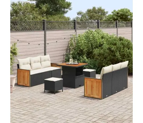 9 Gabalu Dārza Dīvānu Komplekts Ar Spilveniem Melnā Polietilēna Rotangpalmas Un Akācijas Vidaxl