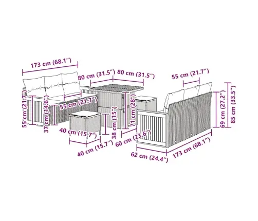 Sodo Sofų Rinkinys 9 Pcs Bežinė Ir Šviesiai Pilka Sodo Sofų Rinkinys 9 Pcs Bežinė Ir Šviesiai Pilka
