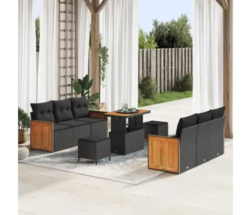 9 Gabalu Dārza Dīvānu Komplekts Ar Spilveniem Melnā Polirotangā Akācijas Koks Vidaxl