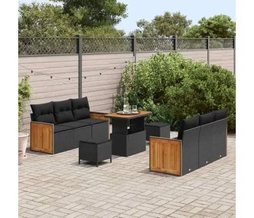 9 Gabalu Dārza Dīvānu Komplekts Ar Spilveniem Melnā Polirotangā Akācijas Koks Vidaxl