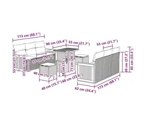Sodo Sofų Rinkinys Su Pagalve 11 Pcs Pilka Poliratanas
