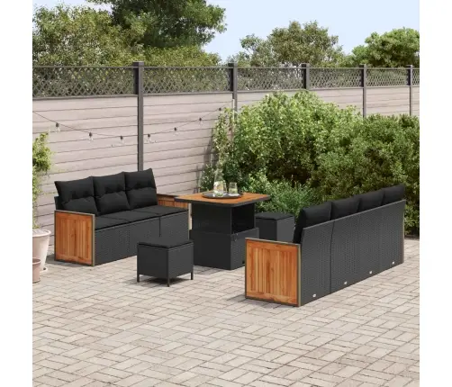 10 Gab. Dārza Dīvānu Komplekts Ar Spilveniem, Melnā Polietilēna Rotangpalma Un Akācija Vidaxl