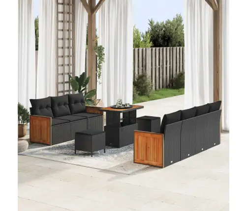 10 Gabalu Dārza Dīvānu Komplekts Ar Spilveniem Melnā Poli Rotangpalmas Un Akācijas Vidaxl