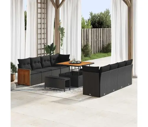 11 Gabalu Dārza Dīvānu Komplekts Ar Spilveniem Melnā Poliratanā Akācija Vidaxl