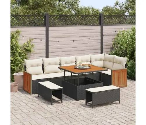 Sodo Sofų Rinkinys 9 Pcs Juoda Ir Kreminė Poliratanas