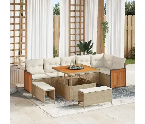 9 Daļu Dārza Dīvānu Komplekts Ar Spilveniem Bēšā Poliratonā Akāciju Vidaxl