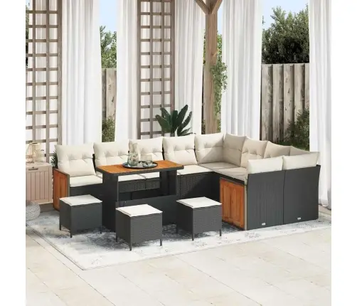 13 Daļu Dārza Dīvānu Komplekts Ar Spilveniem Melns Poli Ratanā Akāciju Vidaxl