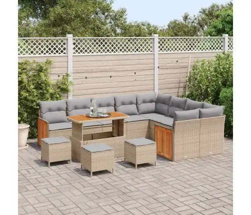 13 Daļīgs Dārza Dīvānu Komplekts Ar Spilveniem Bēšā Poli Rotangpalmas Akācijas Vidaxl