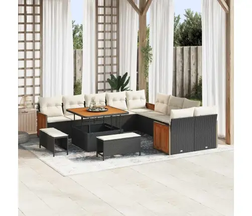 13 Gabalu Dārza Dīvāna Komplekts Ar Spilveniem Melnā, Polietilēna Rotangpalma Akācija Vidaxl