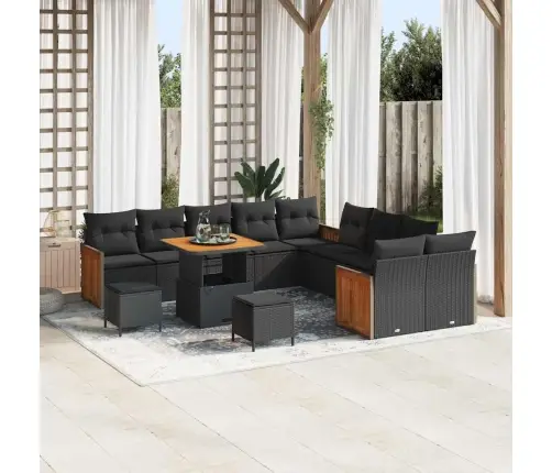 13 Daļu Dārza Dīvānu Komplekts Ar Spilveniem, Melns Poli Rattan Akācija Vidaxl