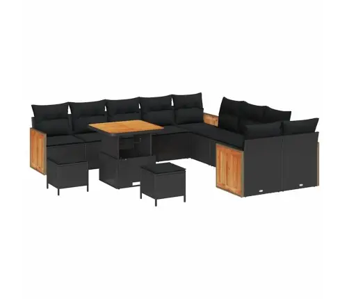 13 Daļu Dārza Dīvānu Komplekts Ar Spilveniem, Melns Poli Rattan Akācija Vidaxl