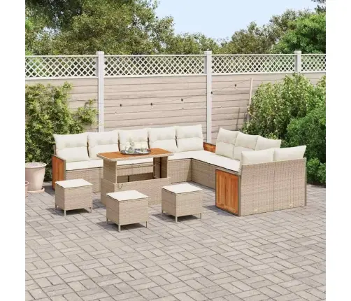 14 Gabalu Dārza Dīvānu Komplekts Ar Spilveniem Bēšs Polietilēna Rotangpalma Akācija Vidaxl