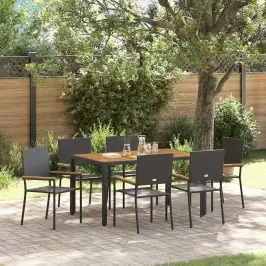 Dārza Ēdamgalds 7 Pcs Melns Un Koks 150 X 90 X 75 Cm Poliratāns Vidaxl