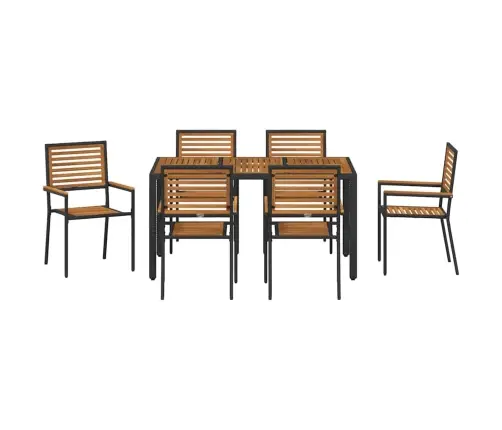 7 Daļu Dārza Ēdamgalds Melnā Poli Rattan Akācijā Vidaxl