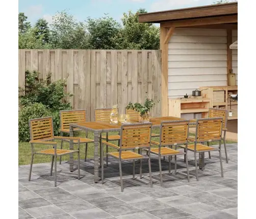 9 Daļu Dārza Ēdamgalds Pelēks Poli Ratans Akācija Vidaxl