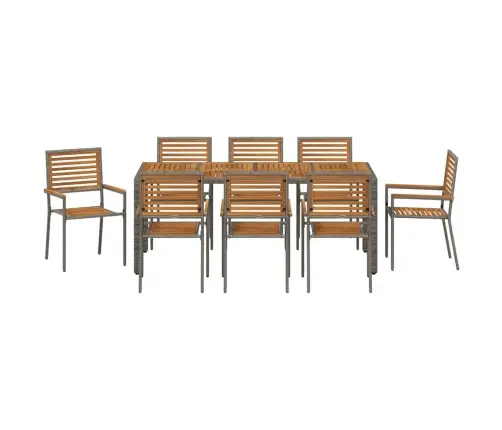 9 Daļu Dārza Ēdamgalds Pelēks Poli Ratans Akācija Vidaxl