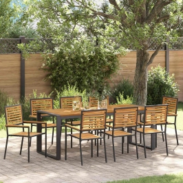Dārza Ēdamgalds 9 Pcs Melns Un Koks 200 X 80 X 75 Cm Poliratāns Vidaxl