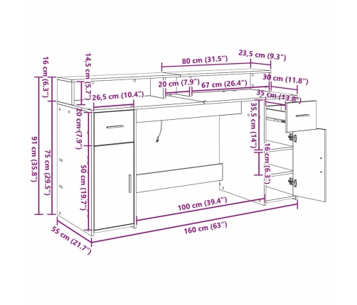 Laud Led -Ribatuledega Must Tamm 160 X 55 X 91 Cm Tehispuit