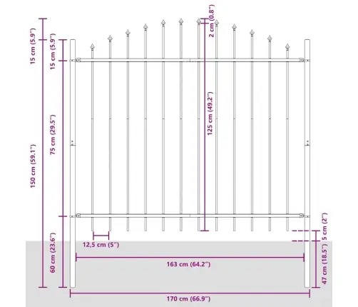 Dārza Žogs Ar Loka Augšpusi, Pelēks, 6,8 X 1,25 M, Tērauds. Vidaxl
