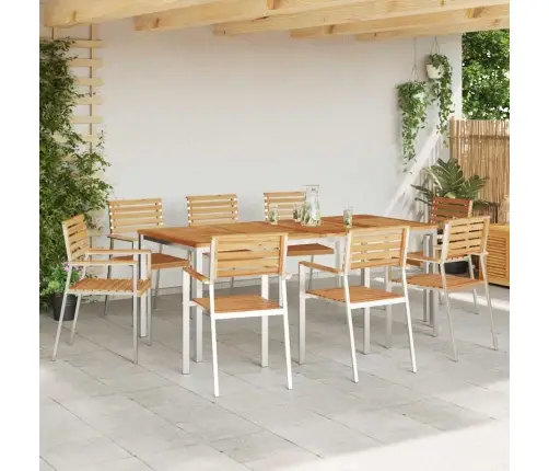 Dārza Ēdamgalds 9 Pcs Cieta Teak Koks Un Nerūsējošais Tērauds Vidaxl