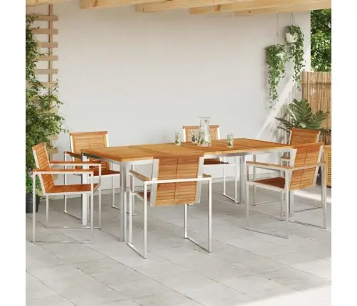7 Daļu Dārza Ēdamgalds Komplekts No Solid Wood Teak Un Nerūsējošā Tērauda Vidaxl