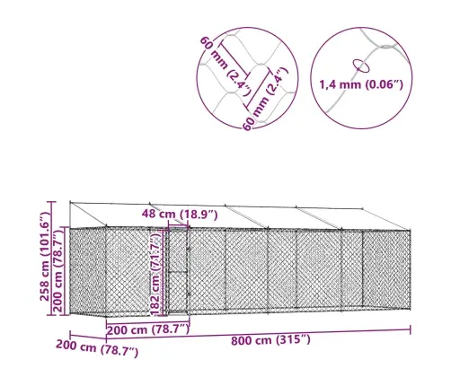 Suņu Būris Sudraba 800 X 200 X 256 Cm Cinkots Tērauds