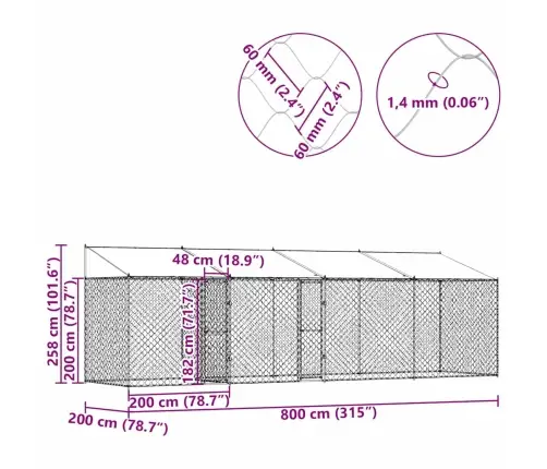 Suņu Būris Sudraba 800 X 200 X 256 Cm Cinkots Tērauds