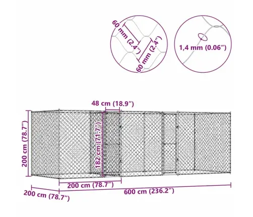Suņu Būris Sudraba 600 X 200 X 200 Cm Cinkots Tērauds