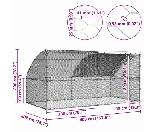 Vištų Narvas Sidabro 400 X 200 X 198.5 Cm Galvanizuotas Plienas