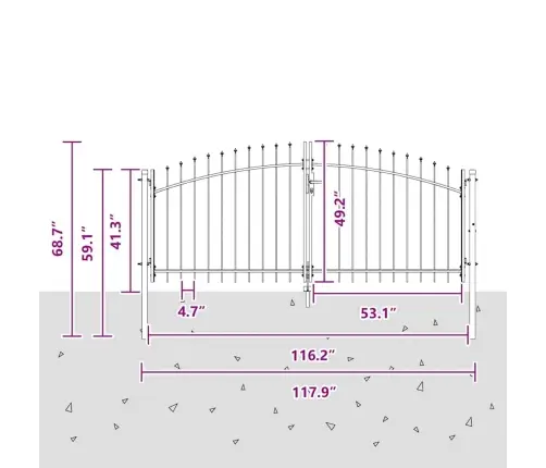 Dārza Vārti Ar Pika Top Divviru Pelēki 125X300 Cm Tērauda Vidaxl