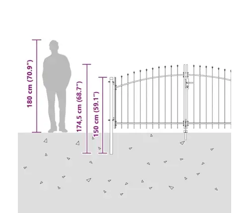 Dārza Vārti Ar Pika Top Divviru Pelēki 125X300 Cm Tērauda Vidaxl