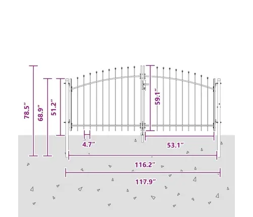 Dārza Vārti Ar Izgriezumu Virsotnes Divviru Pelēki 150X300 Cm Tērauds Vidaxl