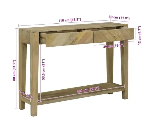 Konsoles Galds Ar Atvilktni Dabiski Pelēks 110 X 30 X 80 Cm Vidaxl