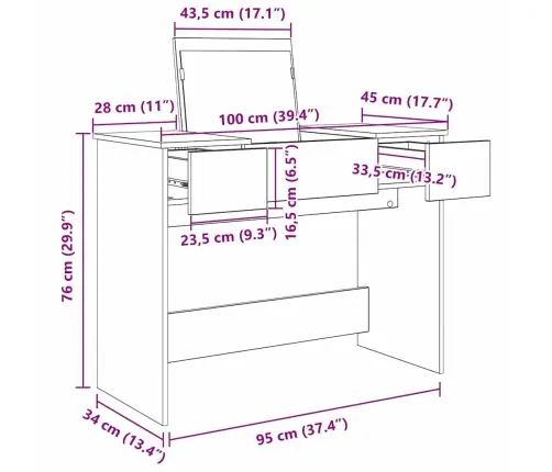Kosmētikas Galdiņš Ar Spoguli Melns Ozols 100X45X76 Cm Vidaxl