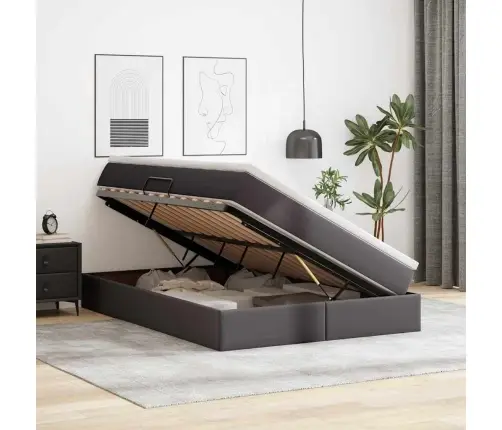 Voodi Hoiukohaga Ja Madratsiga Hall 140 X 200 Cm Kunstnahk