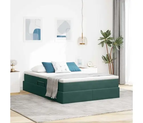 Voodi Hoiukohaga Ja Madratsiga Tume Rohelise 140 X 200 Cm Samet