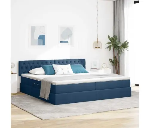 Gulta Ar Uzglabāšanas Vietu Un Matraci Zila 200 X 200 Cm Vidaxl