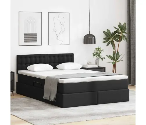 Led-Valgusega Hoiuvoodi Madratsiga Must 140 X 190 Cm Kunstnahk