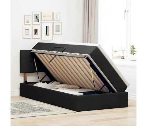 Gulta Ar Uzglabāšanas Vietu Un Led Melna 90 X 200 Cm Audums Vidaxl